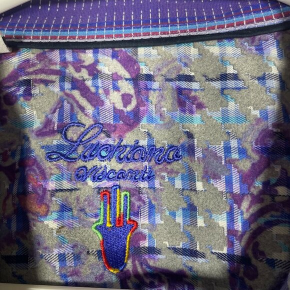 Luchiano Visconti Men's Raised Velvet Print Purple Blue Button-Up Shirt L Preppy - Picture 3 of 7
